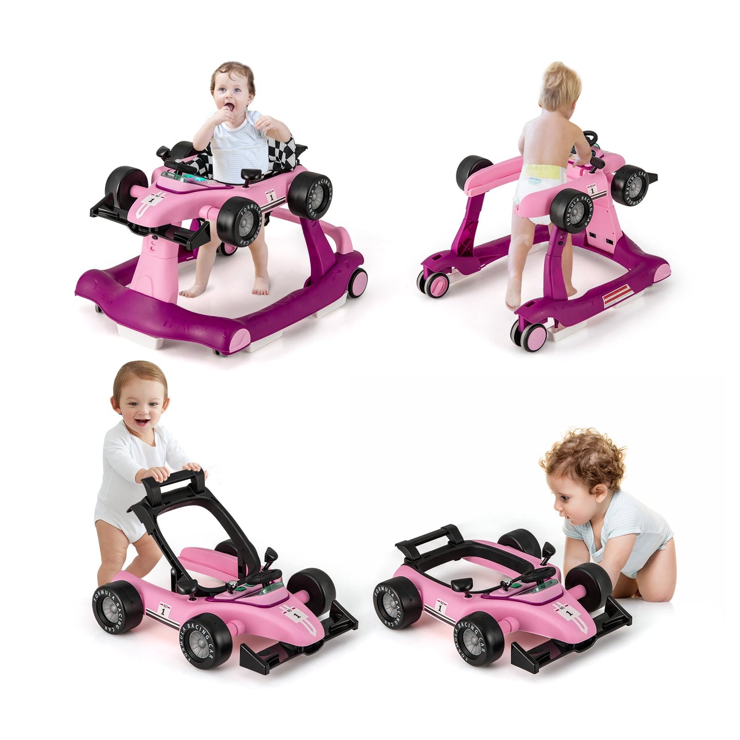 4-in-1 Baby Push Walker with Adjustable Height and Speed-Cream Pink