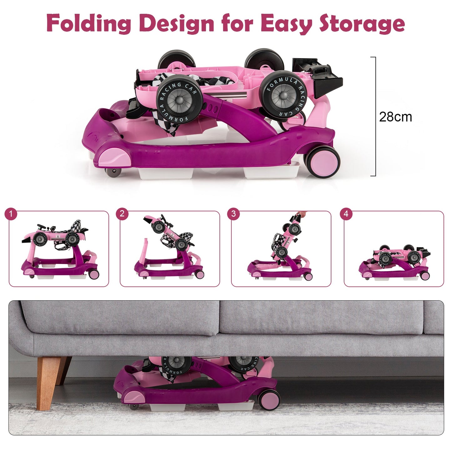 4-in-1 Baby Push Walker with Adjustable Height and Speed-Cream Pink