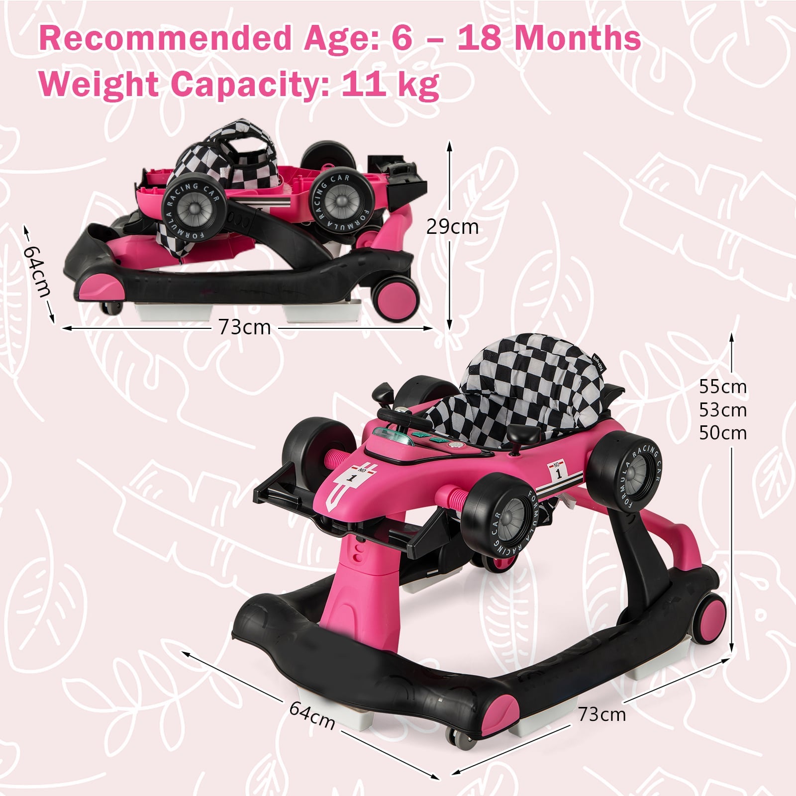 4-in-1 Baby Push Walker with Adjustable Height and Speed-Rose