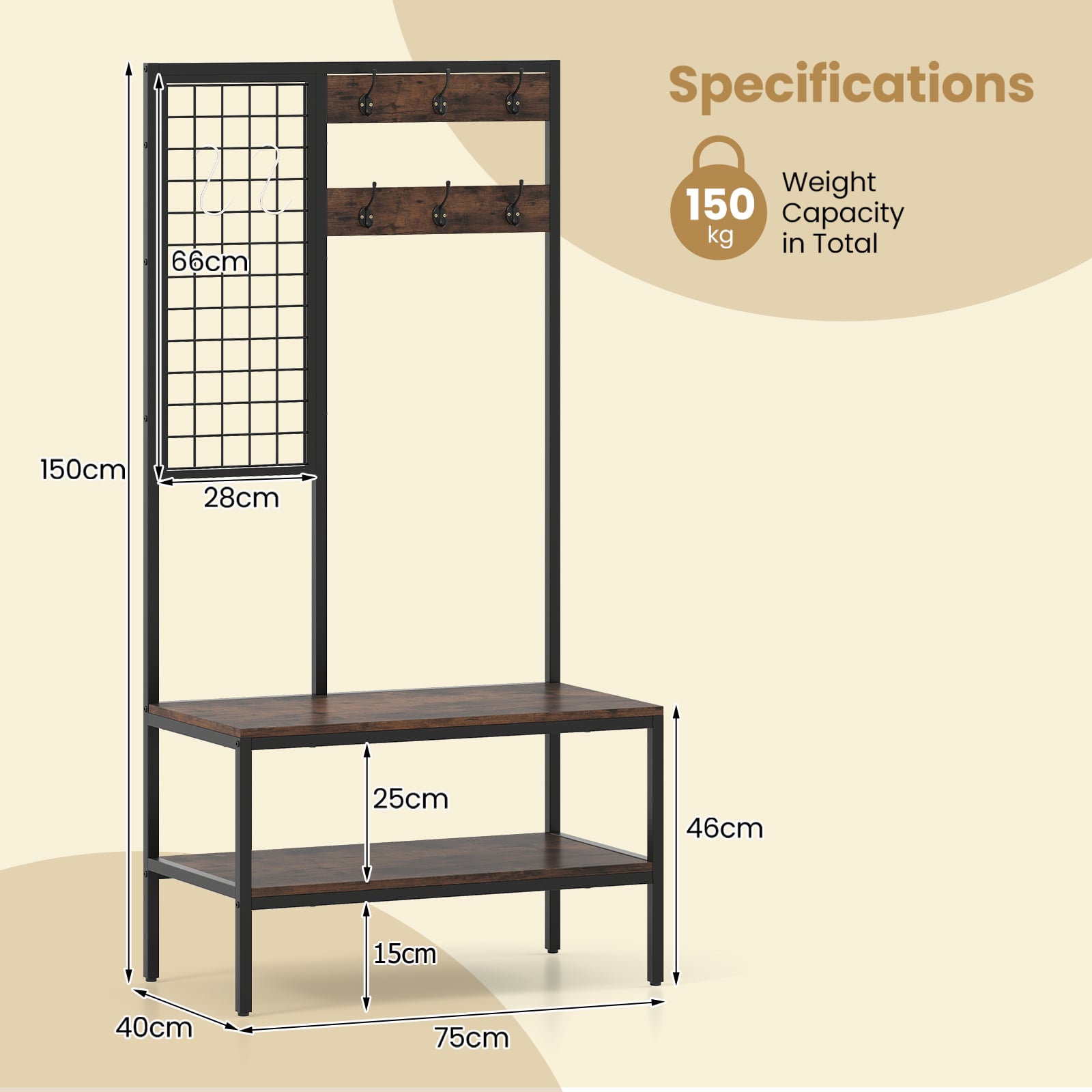 4 in 1 Hall Tree with Shoe Bench and 8 Hanging Hooks for Entryway
