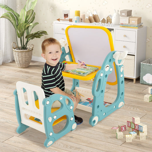 4-in-1 Kids Drawing Table and Chair Set with Adjustable Whiteboard-Yellow &amp; Blue
