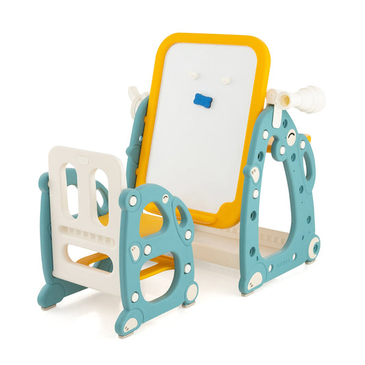 4-in-1 Kids Drawing Table and Chair Set with Adjustable Whiteboard-Yellow &amp; Blue