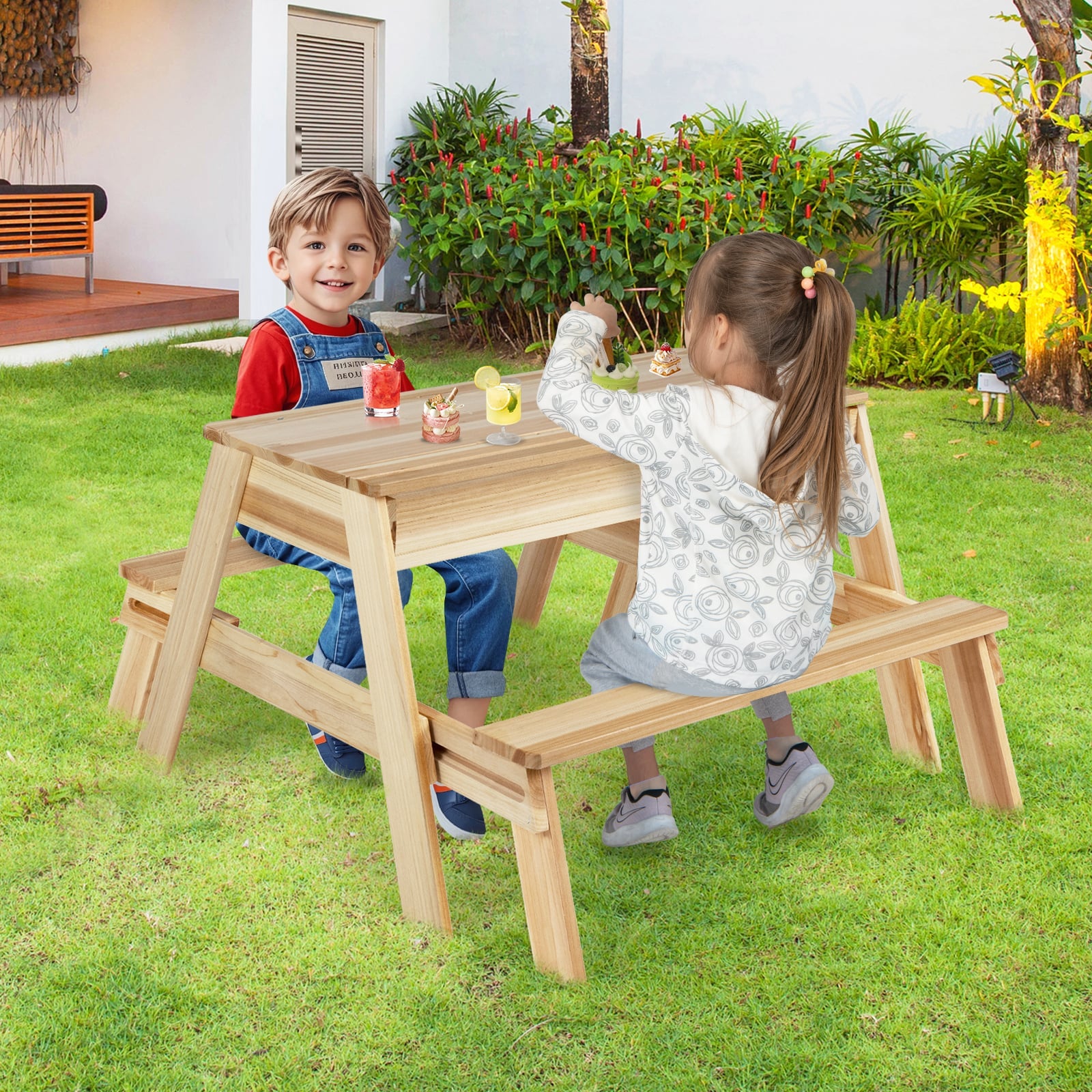 4 in 1 Wooden Table and Bench Set with Removable Top and 2 Storage Boxes-Natural