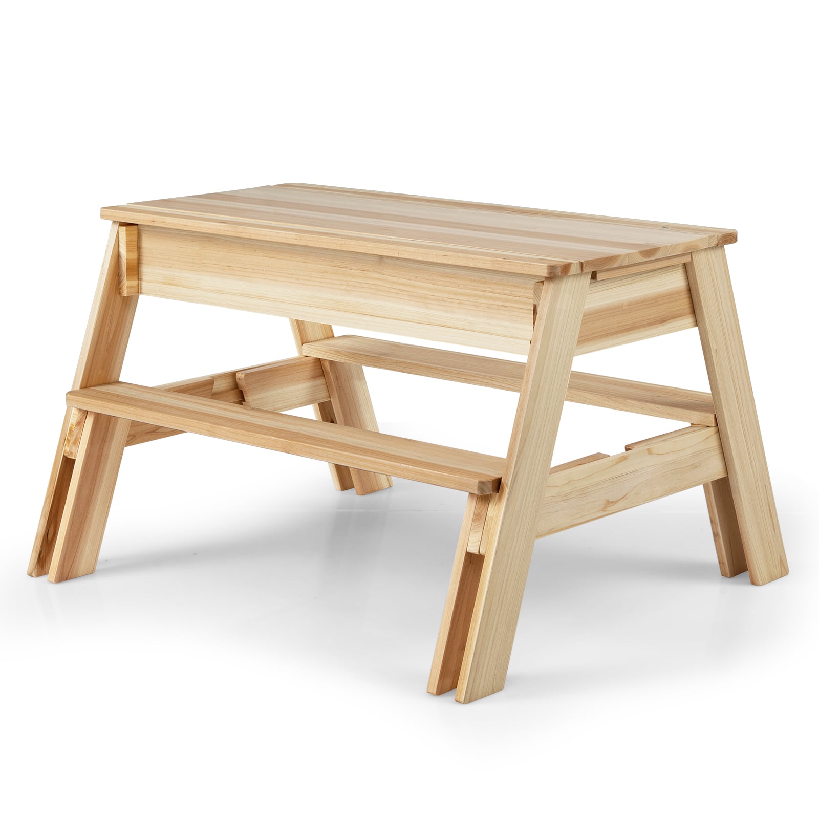 4 in 1 Wooden Table and Bench Set with Removable Top and 2 Storage Boxes-Natural