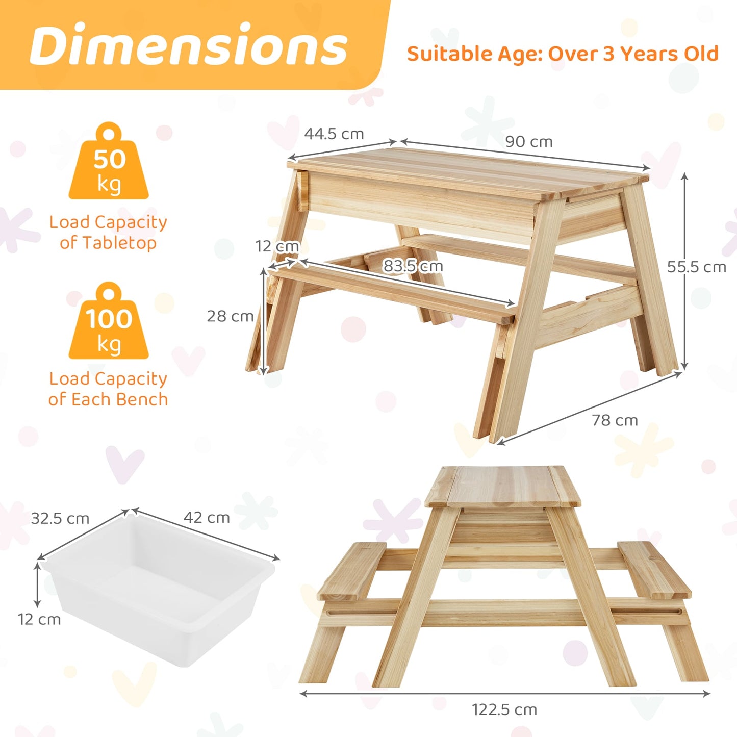 4 in 1 Wooden Table and Bench Set with Removable Top and 2 Storage Boxes-Natural