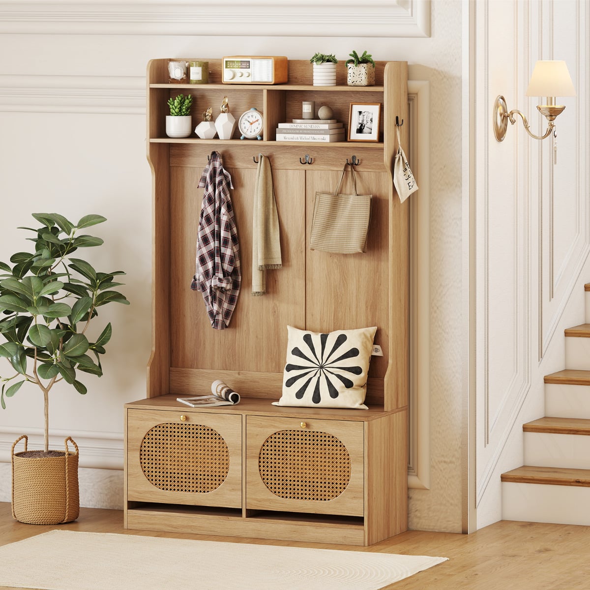 4-In-1 Hall Tree with Coat Rack and Flip Drawers-Natural
