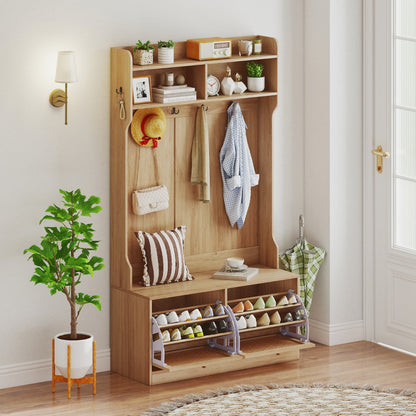 4-In-1 Hall Tree with Coat Rack and Flip Drawers-Natural
