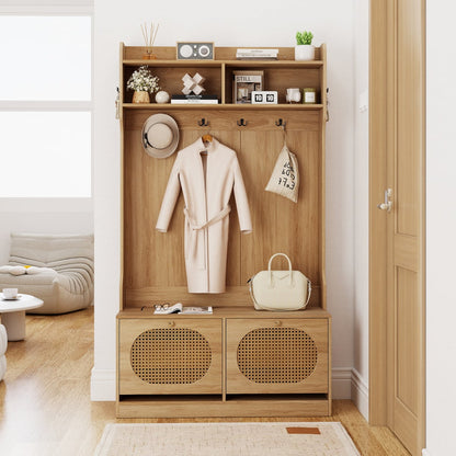 4-In-1 Hall Tree with Coat Rack and Flip Drawers-Natural