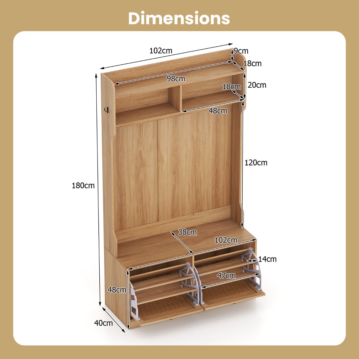 4-In-1 Hall Tree with Coat Rack and Flip Drawers-Natural
