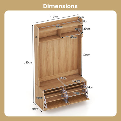 4-In-1 Hall Tree with Coat Rack and Flip Drawers-Natural