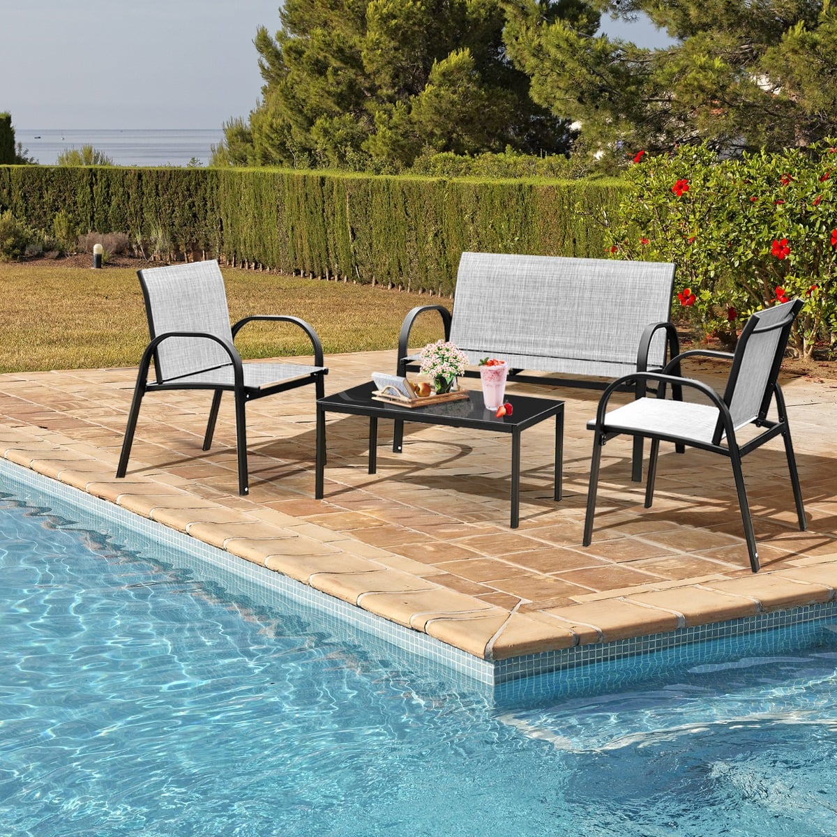 4 Piece Garden Furniture Set with loveseat for Patio Without Cushions-Grey
