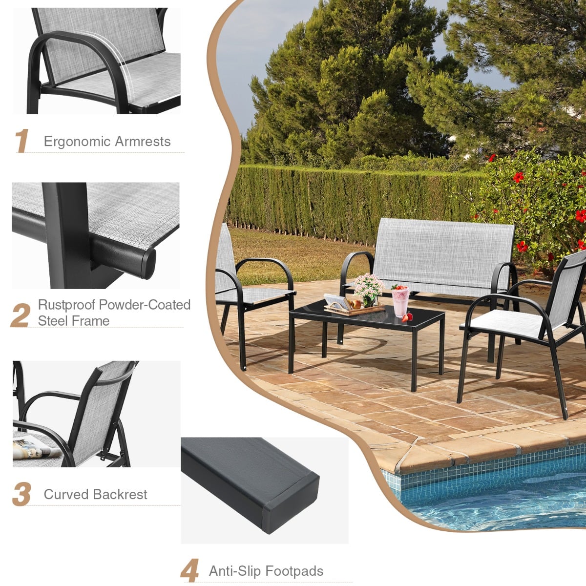 4 Piece Garden Furniture Set with loveseat for Patio Without Cushions-Grey