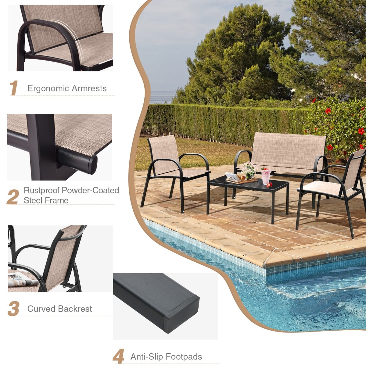 4 Piece Garden Furniture Set with loveseat for Patio Without Cushions-Brown