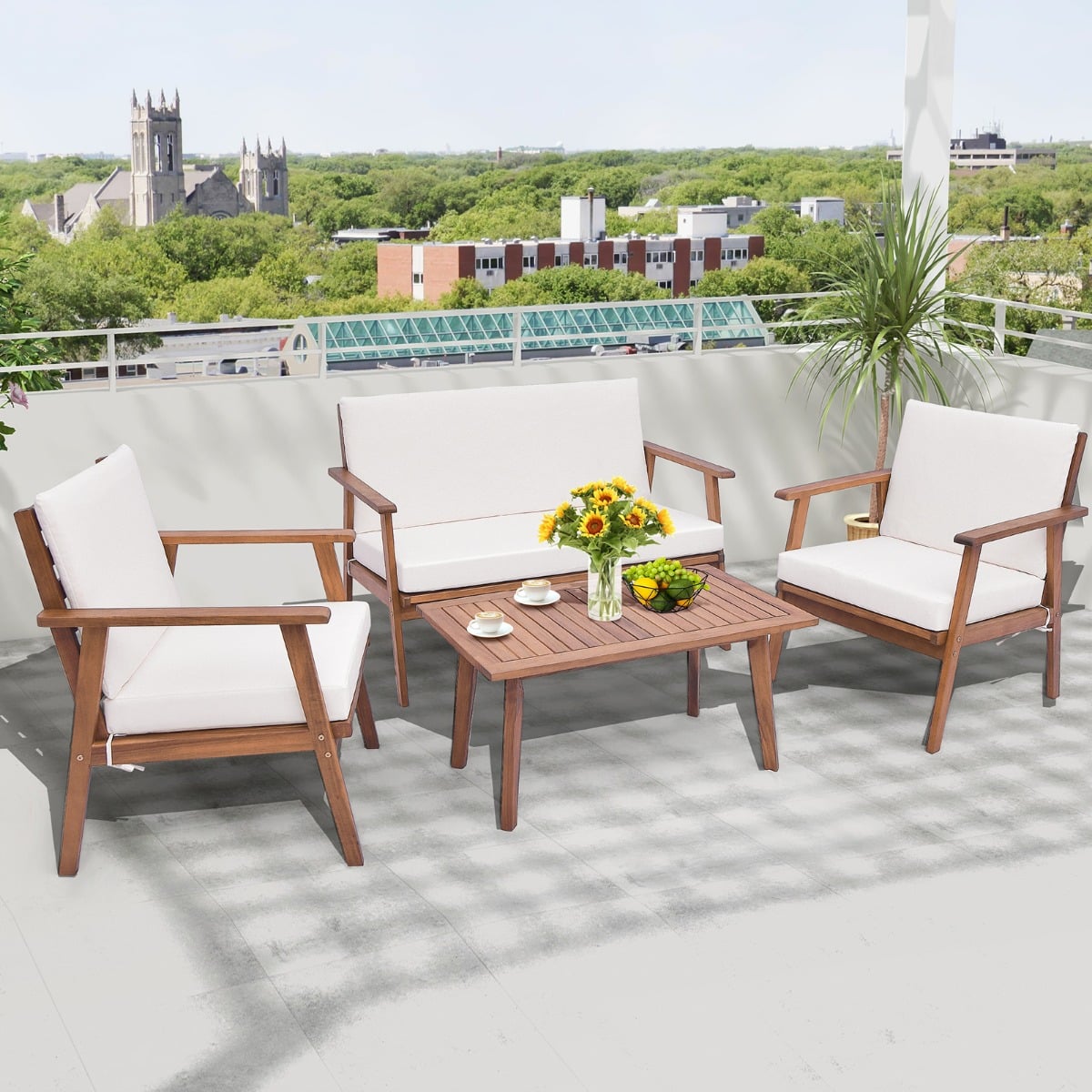 4 Piece Outdoor Conversation Set with Soft Seat and Back Cushions-White