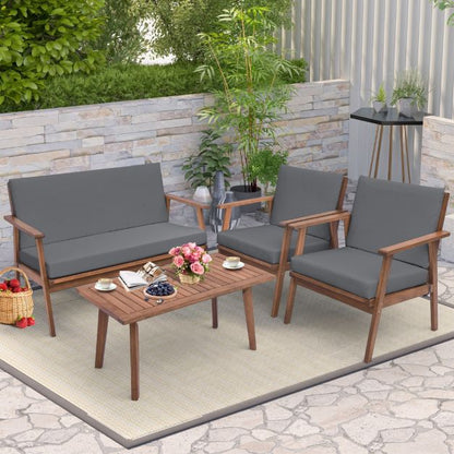4 Piece Outdoor Conversation Set with Soft Seat and Back Cushions-Grey