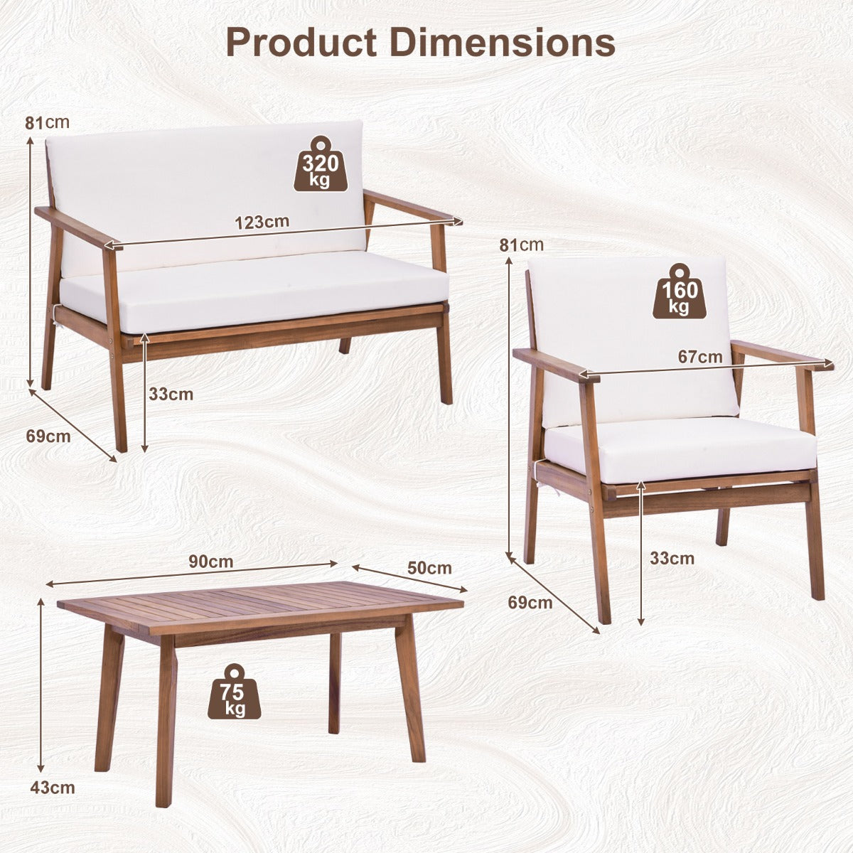 4 Piece Outdoor Conversation Set with Soft Seat and Back Cushions-White