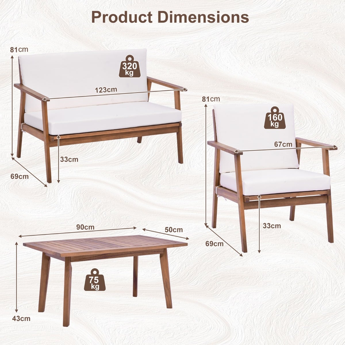 4 Piece Outdoor Conversation Set with Soft Seat and Back Cushions-White