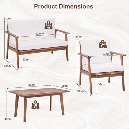 4 Piece Outdoor Conversation Set with Soft Seat and Back Cushions-White