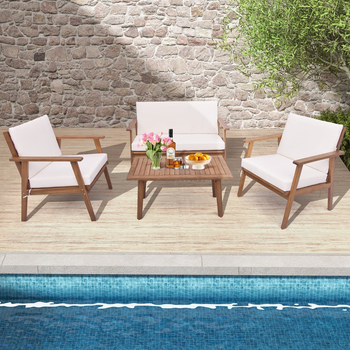 4 Piece Outdoor Conversation Set with Soft Seat and Back Cushions-White