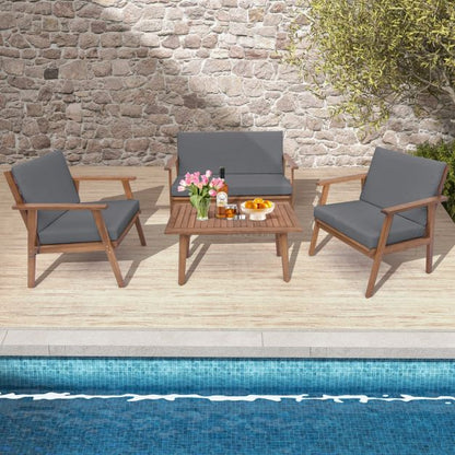 4 Piece Outdoor Conversation Set with Soft Seat and Back Cushions-Grey