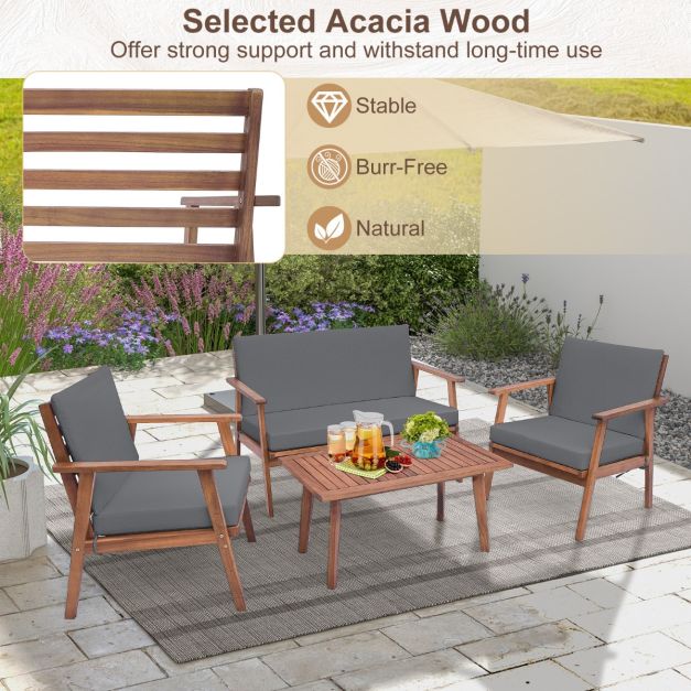 4 Piece Outdoor Conversation Set with Soft Seat and Back Cushions-Grey