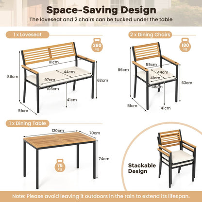 4-Piece Patio Dining Set Outdoor Wood Metal Furniture-White