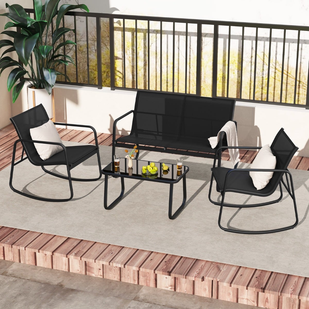 4 Piece Patio Rocking Set with Glass-Top Table-Black