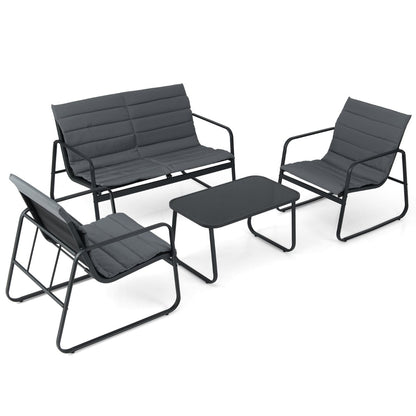 4 Pieces Patio Conversation Set with Cushions and Tempered Glass Coffee Table-Grey