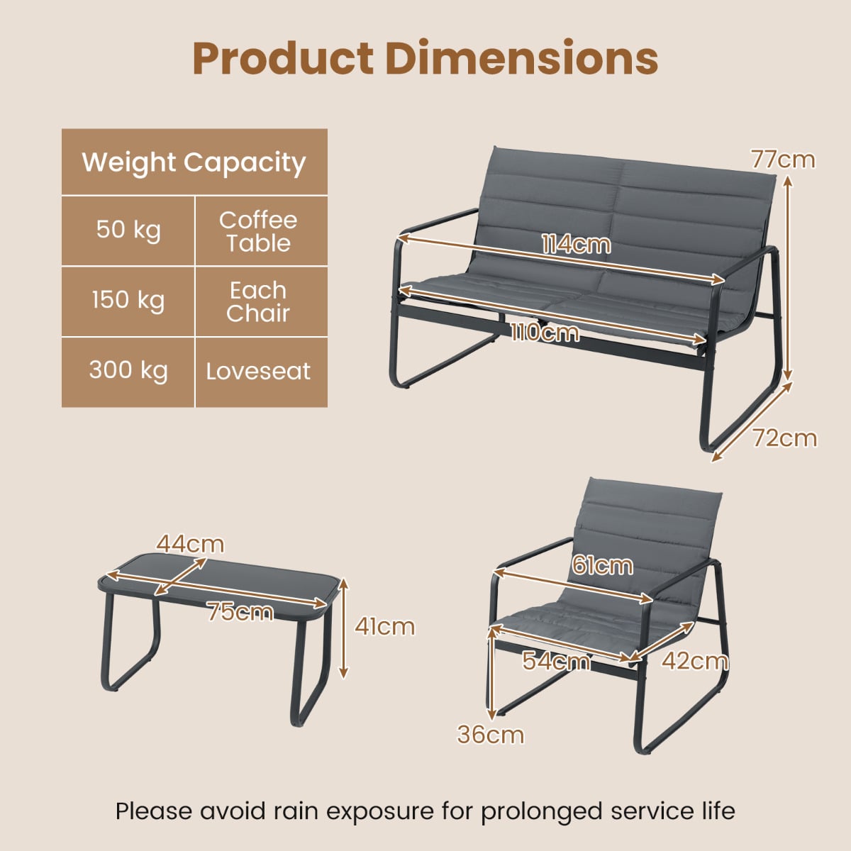 4 Pieces Patio Conversation Set with Cushions and Tempered Glass Coffee Table-Grey