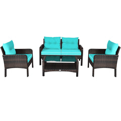 4 Pieces PE Rattan Patio Conversation Set-Turquoise