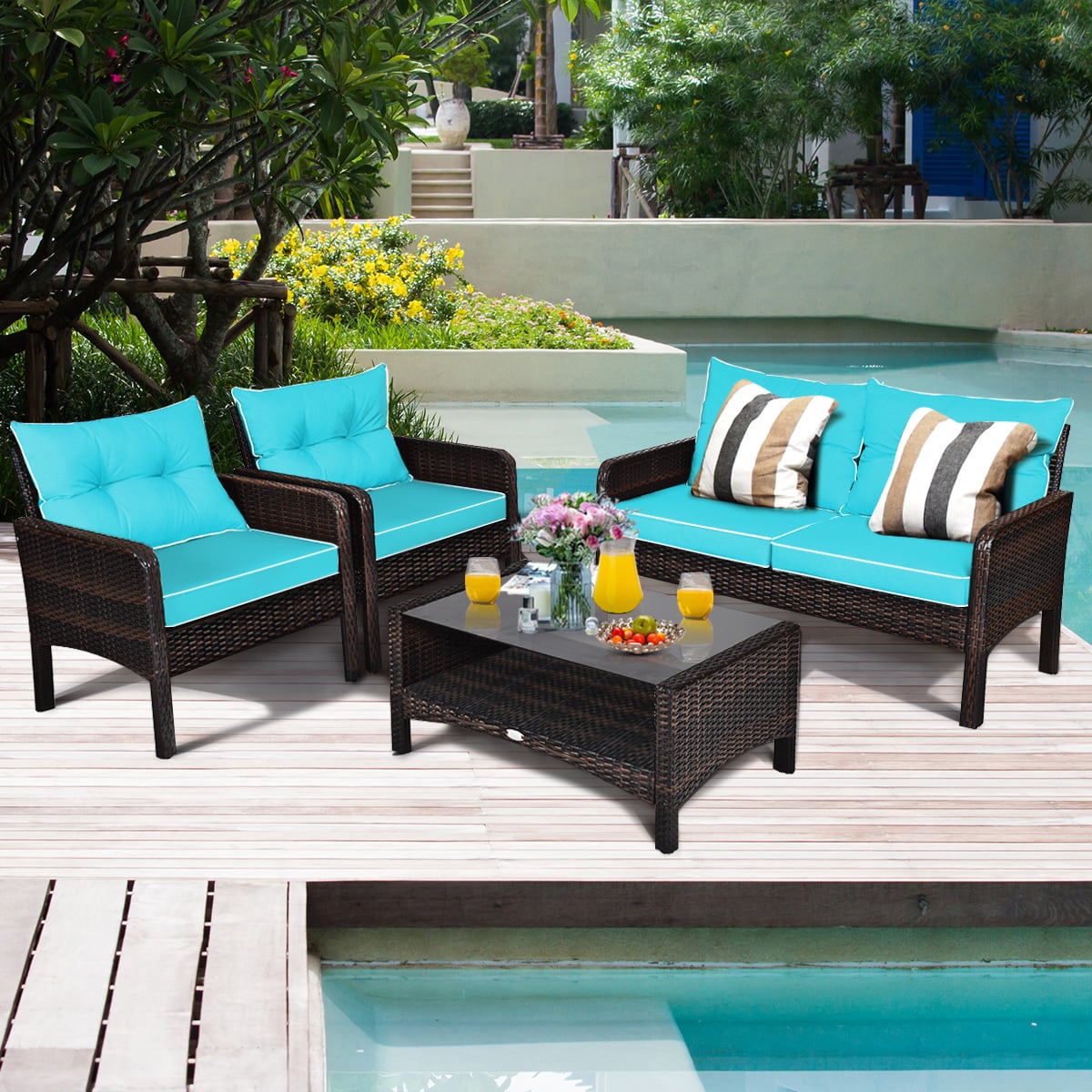 4 Pieces PE Rattan Patio Conversation Set-Turquoise
