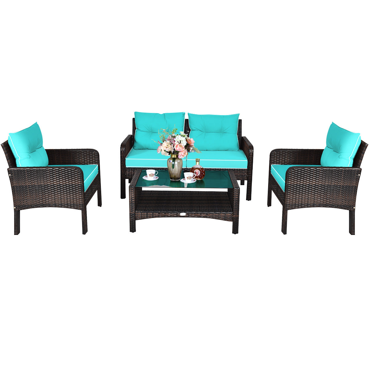 4 Pieces PE Rattan Patio Conversation Set-Turquoise