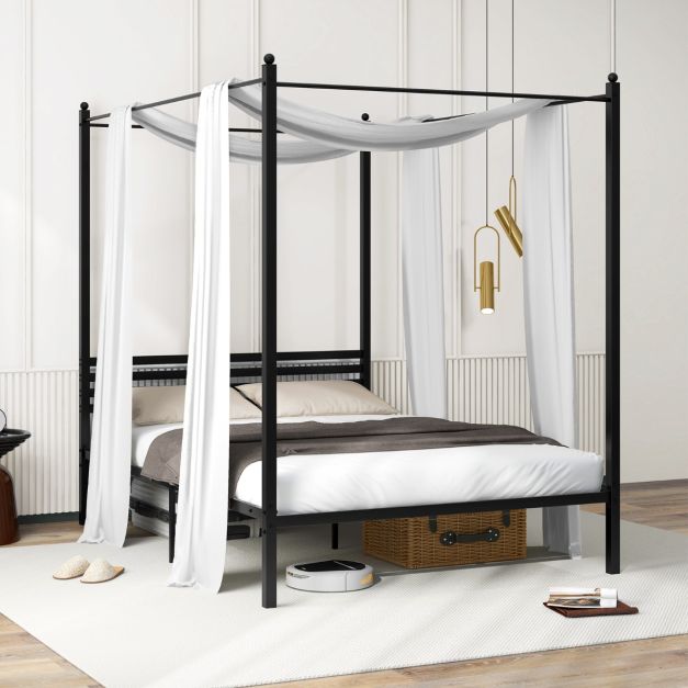 4-Poster Metal Platform Bed with Headboard and Under-Bed Storage