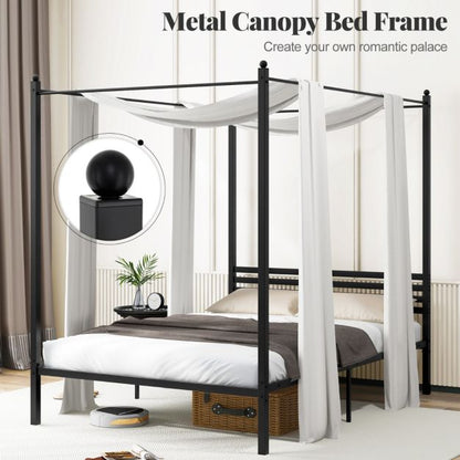 4-Poster Metal Platform Bed with Headboard and Under-Bed Storage