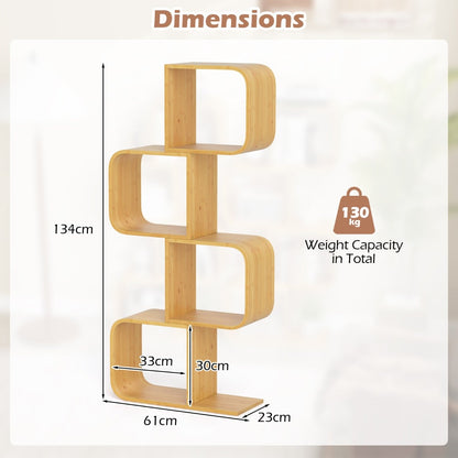 S-Shaped Bookcase Bamboo Bookshelf with 2 Open Cubes-4-Tier