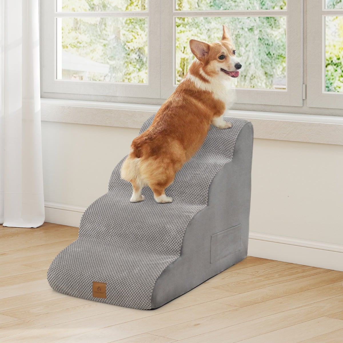 4-Tier Foam Dog Ramp with Washable Zippered Cover and Silicone Paw Prints-Grey