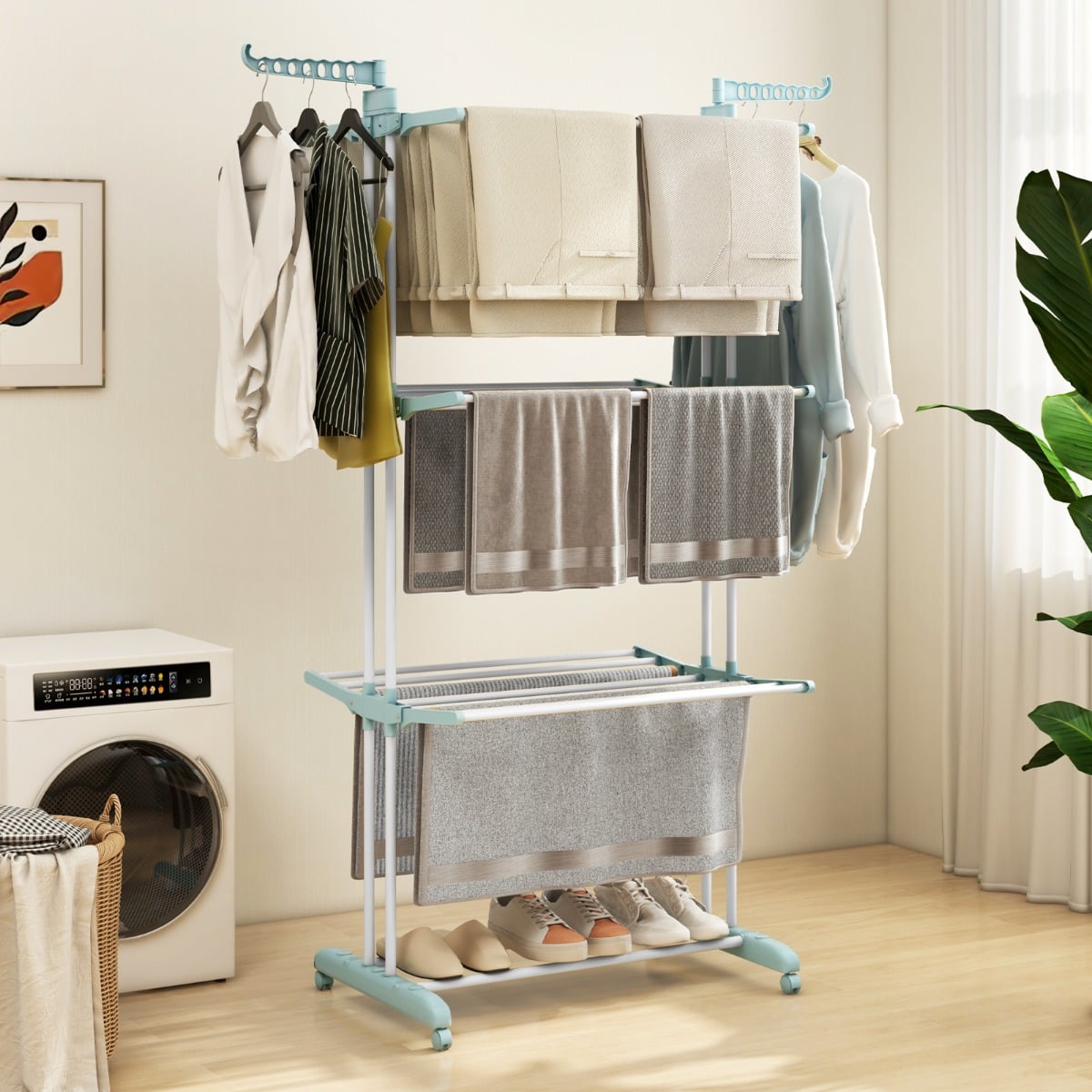4-Tier Foldable Airer Clothes Drying Rack with Wings and Casters-Navy