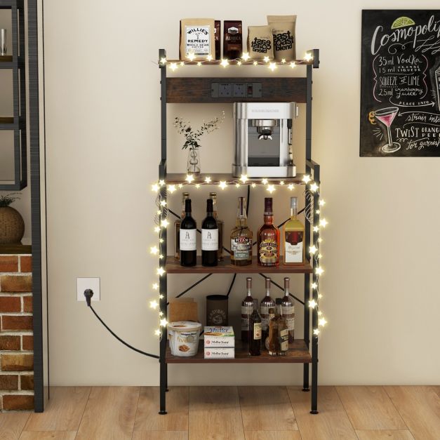 4-Tier Kitchen Bakers Rack with Power Outlet and 8 S-Hooks-Rustic Brown