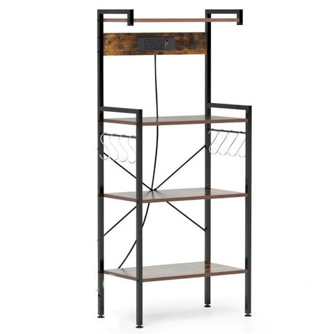 4-Tier Kitchen Bakers Rack with Power Outlet and 8 S-Hooks-Rustic Brown