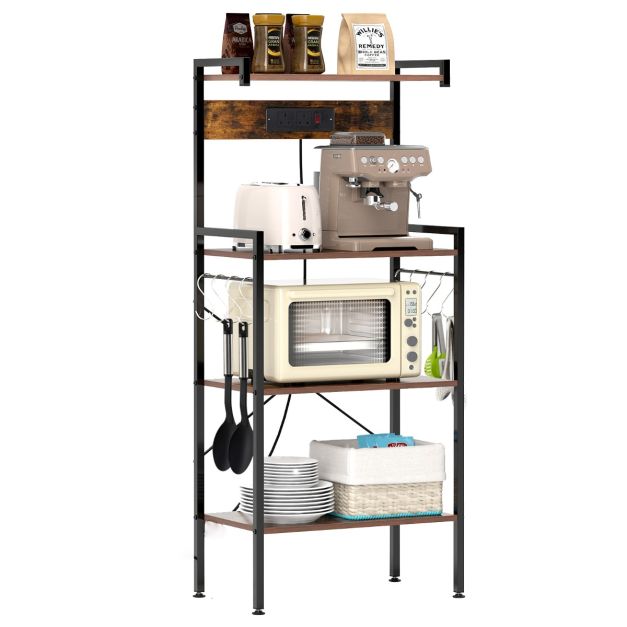 4-Tier Kitchen Bakers Rack with Power Outlet and 8 S-Hooks-Rustic Brown