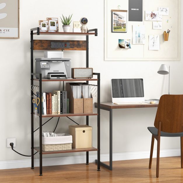 4-Tier Kitchen Bakers Rack with Power Outlet and 8 S-Hooks-Rustic Brown