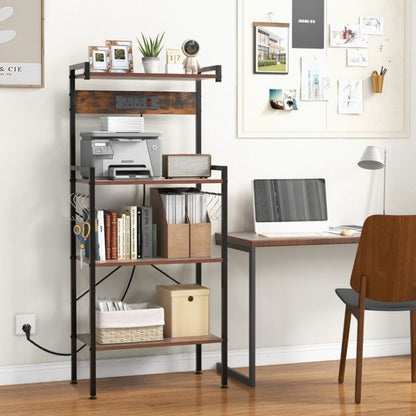 4-Tier Kitchen Bakers Rack with Power Outlet and 8 S-Hooks-Rustic Brown