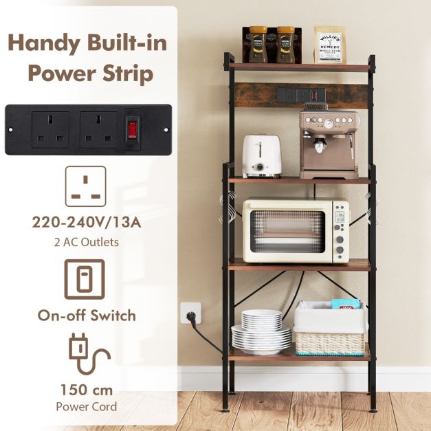 4-Tier Kitchen Bakers Rack with Power Outlet and 8 S-Hooks-Rustic Brown