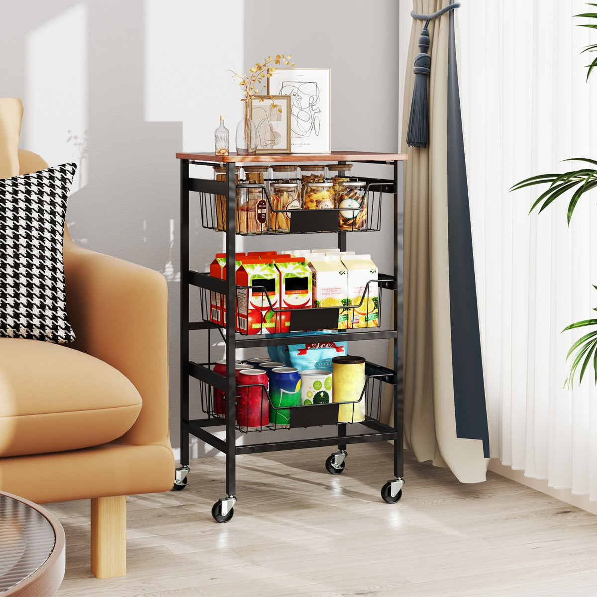 4/5-Tier Kitchen Storage Cart with Wooden Top and DIY Chalk Labels-4-Tier