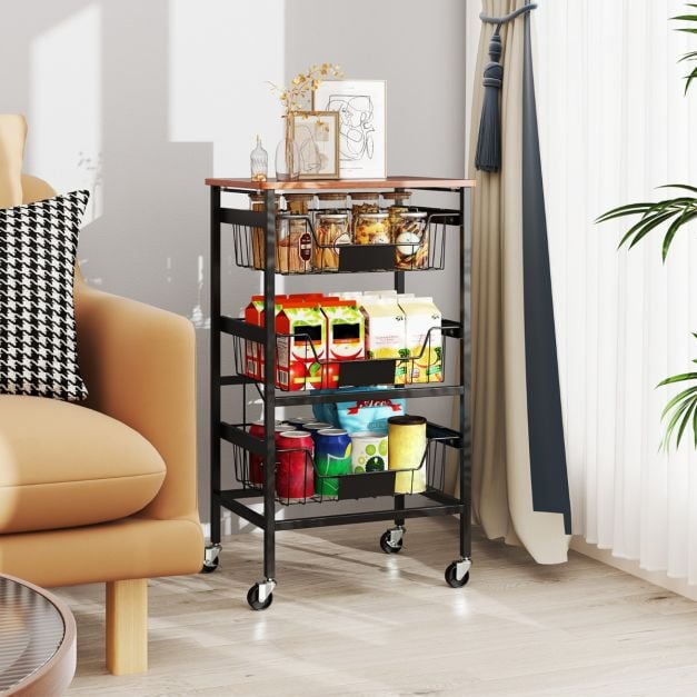 Serving trolley with wheels Vegetable rack with pull-out baskets Trolley with 4 levels 42 x 31 x 74 cm
