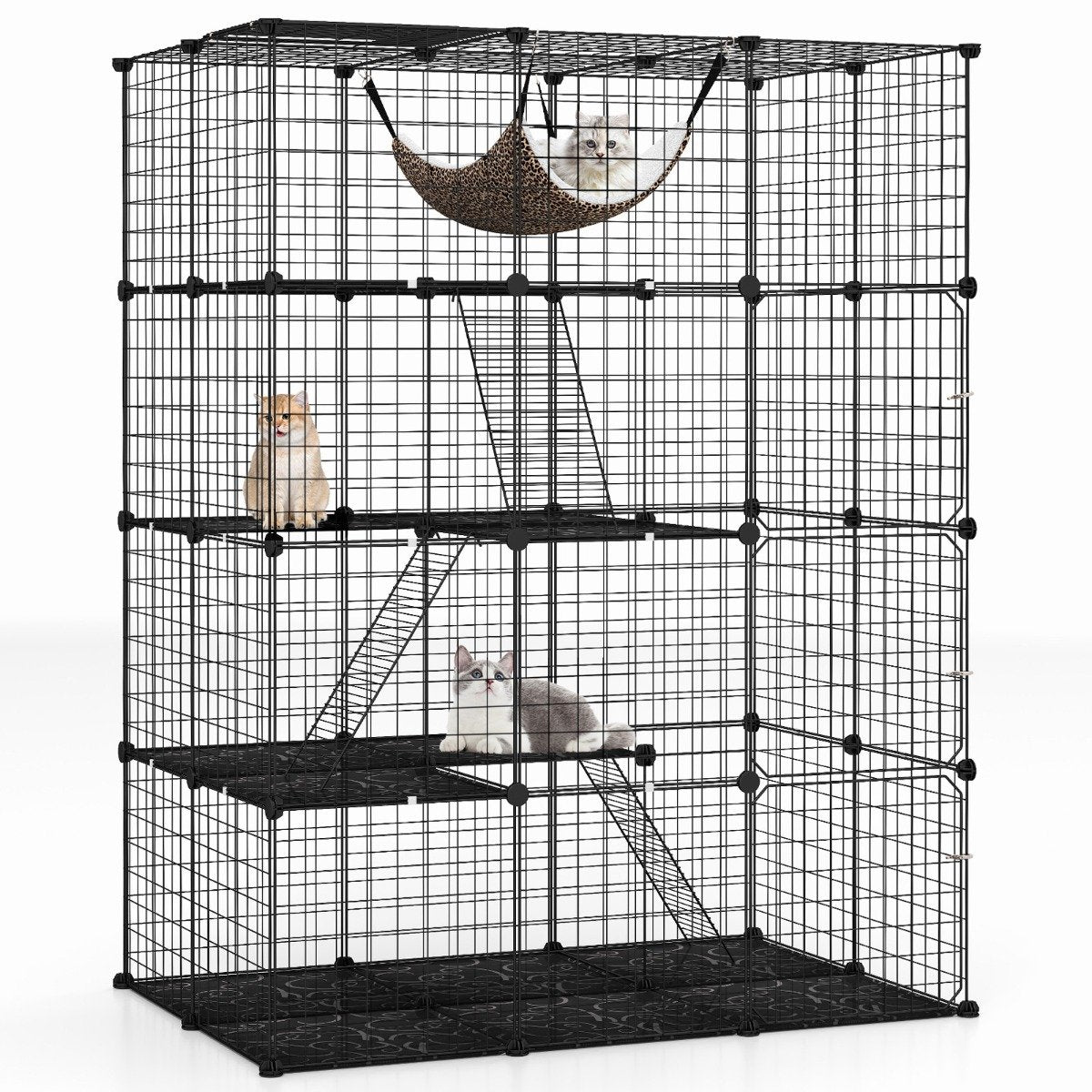 4 Tier Large Cat Enclosure with Comfy Hammock Ladders and Doors-Black