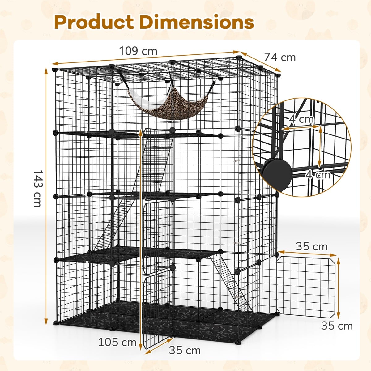 4 Tier Large Cat Enclosure with Comfy Hammock Ladders and Doors-Black