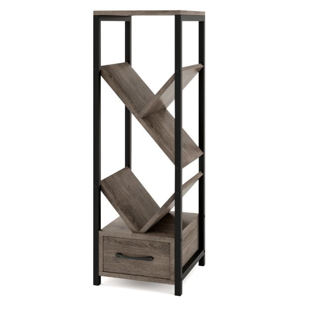 4 Tier Floor Standing Tree Bookshelf with Drawer for Small Space-Grey