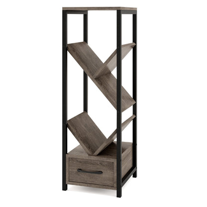 4 Tier Tree Bookshelf with Drawer and Metal Frame for Living Room Bedroom-Grey