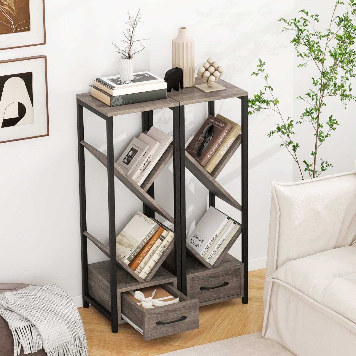 4 Tier Tree Bookshelf with Drawer and Metal Frame for Living Room Bedroom-Grey